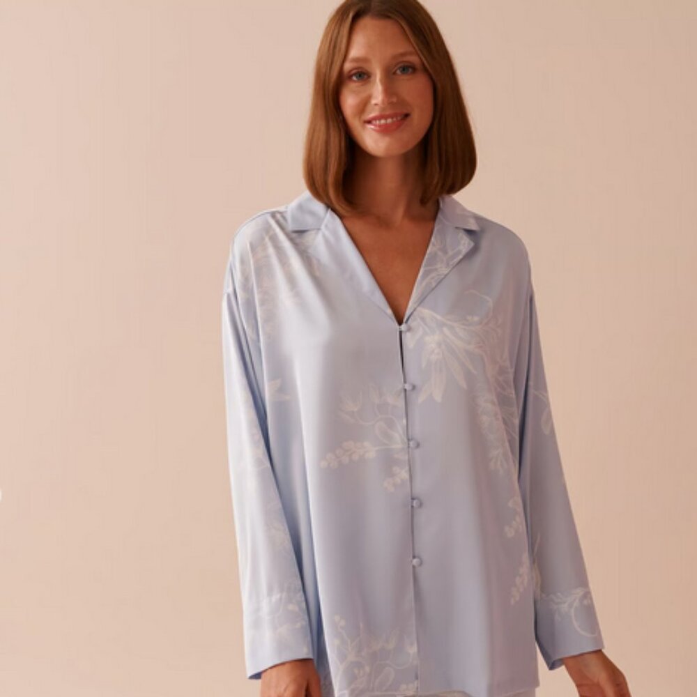 La Vie En Rose (Luxury Collection):  Pastel Floral Print Satin Button-down Shirt